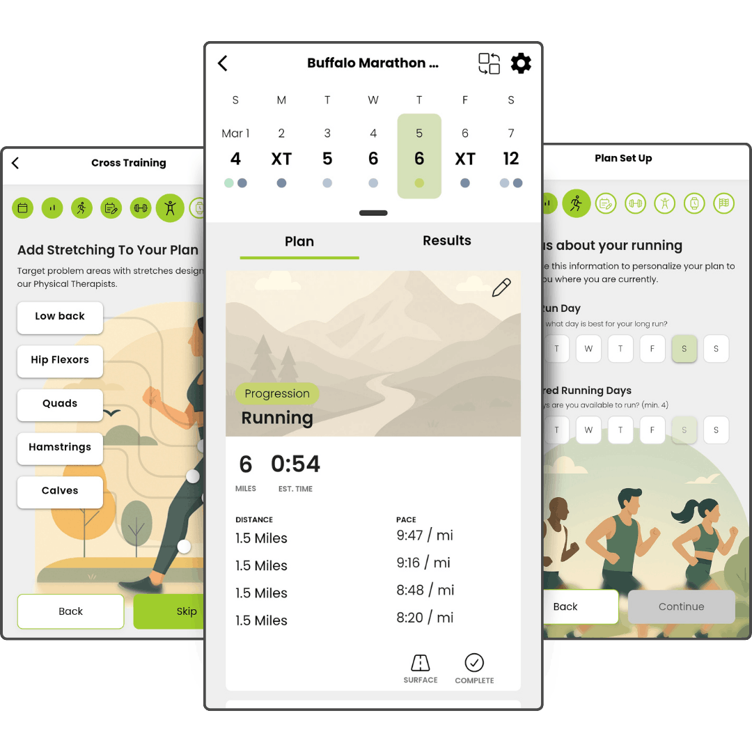 RunSmart app UI screens showing personalised training plan setup