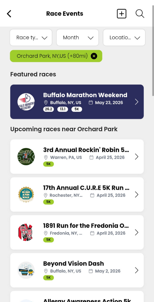 RunSmart app — race search screen