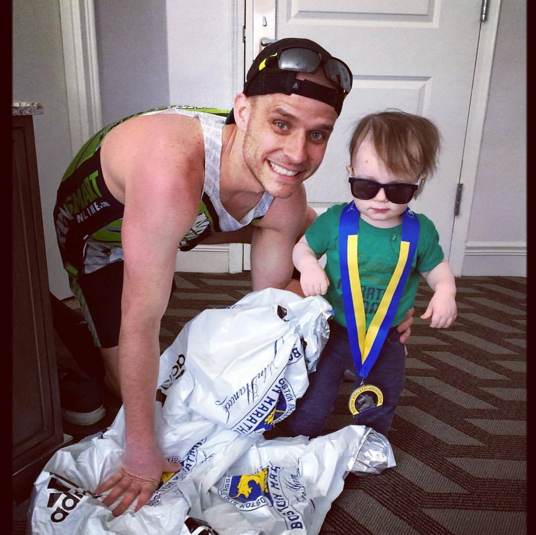 Steve Gonser post-race at Boston Marathon with his son
